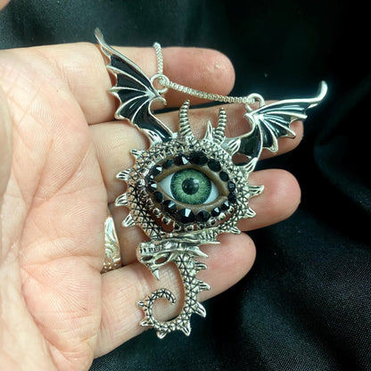 Goth Dragon Eye Pendant Necklace: Silver, Green Eye & Rhinestones