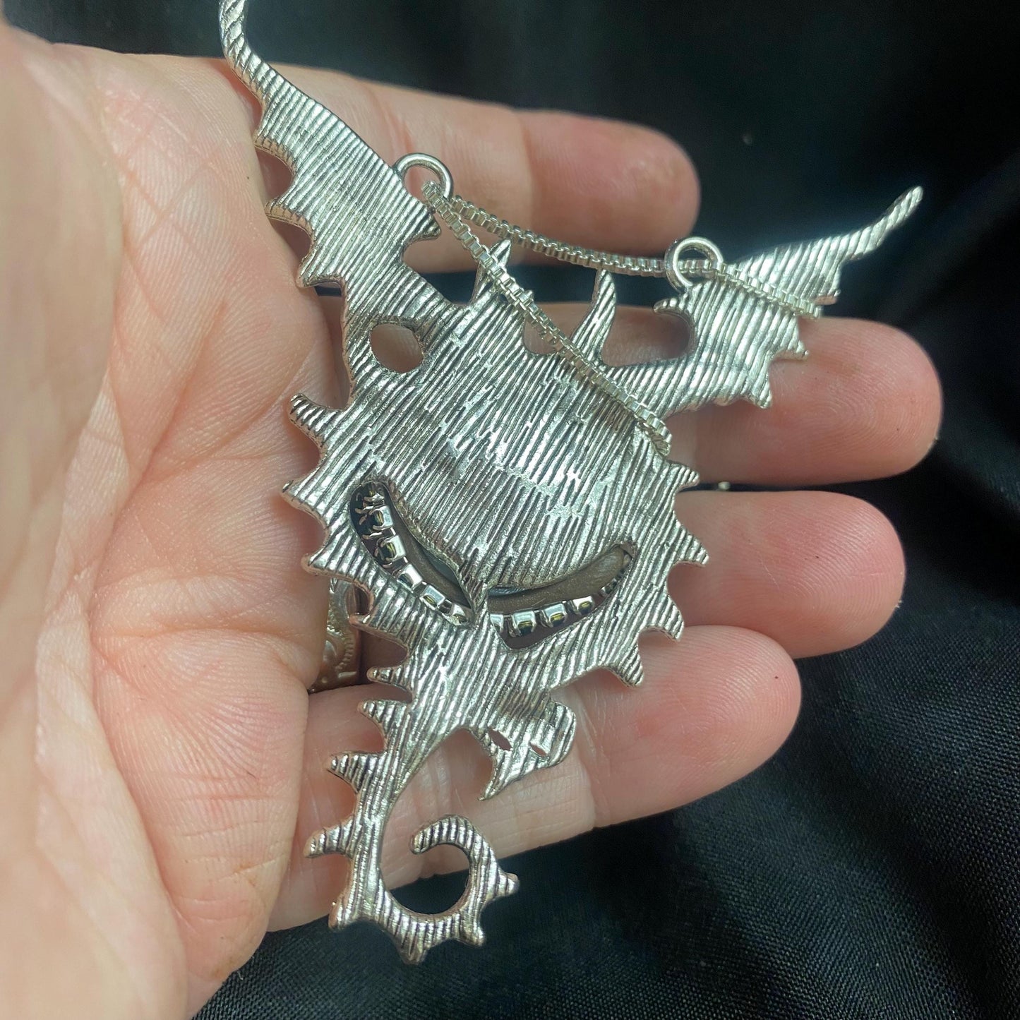 Goth Dragon Eye Pendant Necklace: Silver, Green Eye & Rhinestones