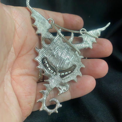 Goth Dragon Eye Pendant Necklace: Silver, Green Eye & Rhinestones