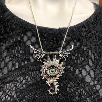 Goth Dragon Eye Pendant Necklace: Silver, Green Eye & Rhinestones