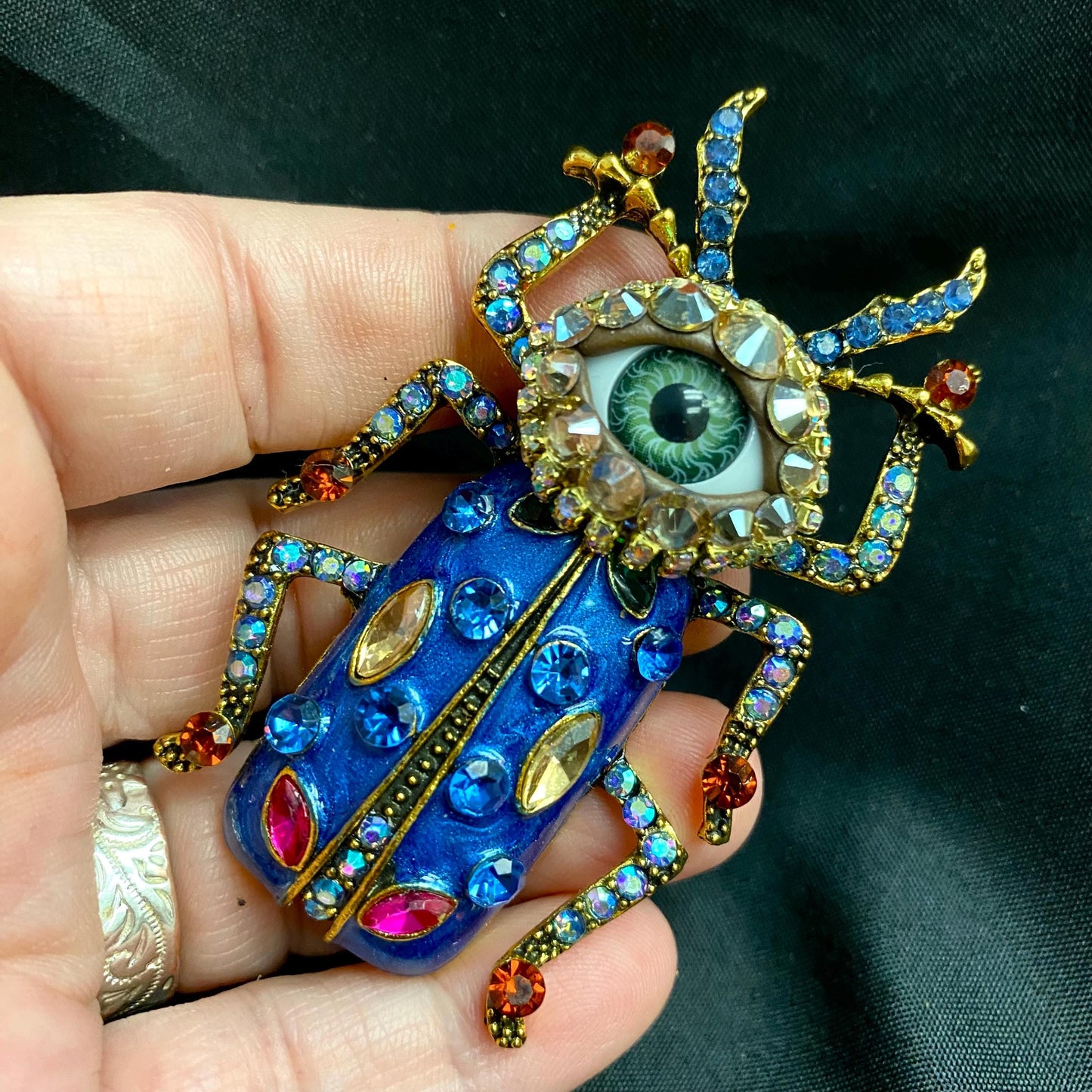 Cobalt Blue Beetle Brooch, Gothic Eye Insect Pin, Victorian Scarab Jewelry, Rhinestone Statement Piece