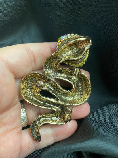 Green Rhinestone Snake Brooch – Realistic Eye, Gothic Assemblage Wearable Art (OOAK)