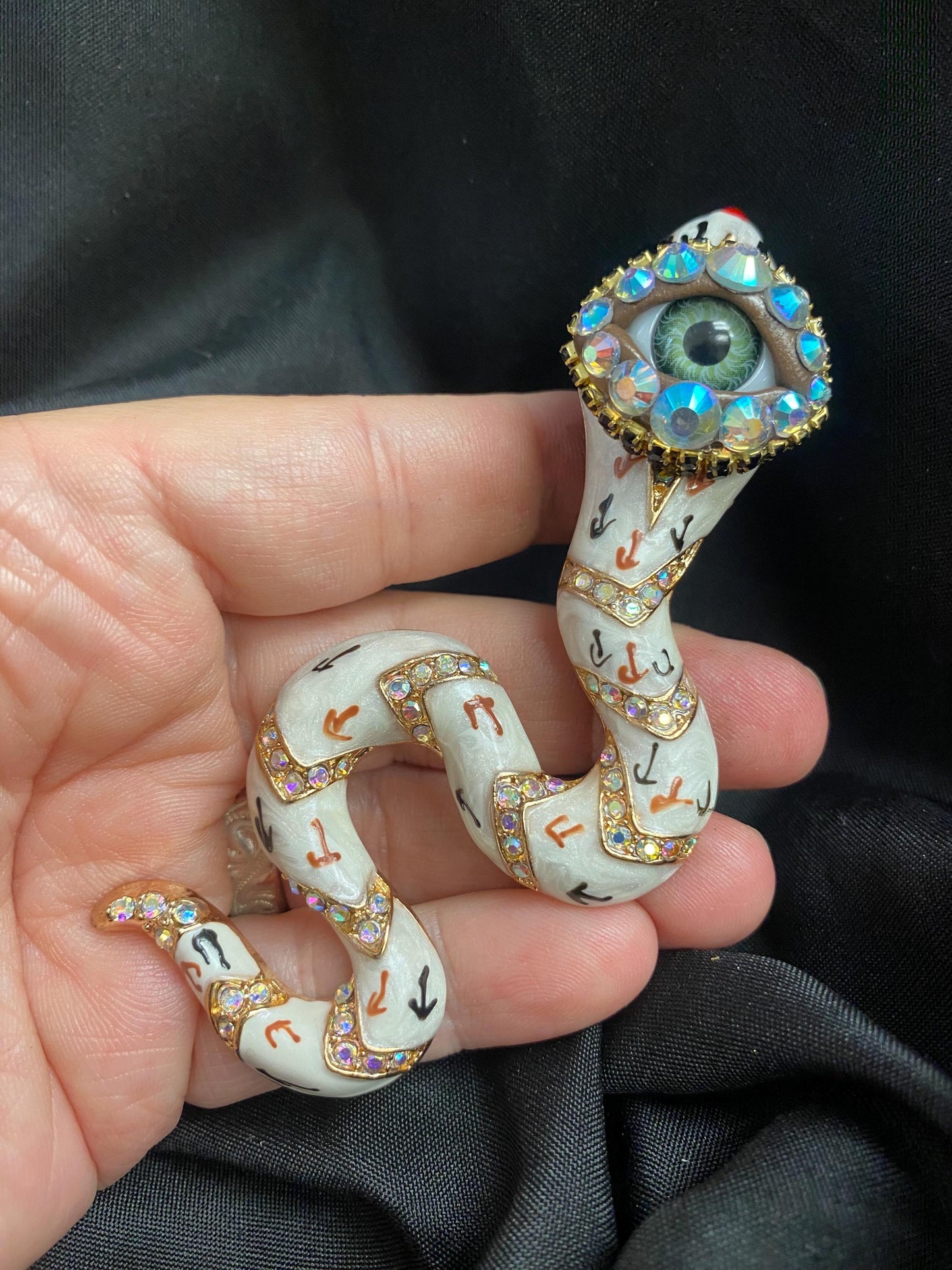 Surreal White Snake Brooch – Gothic Serpent Statement Pin with Rhinestones (4 Inch)