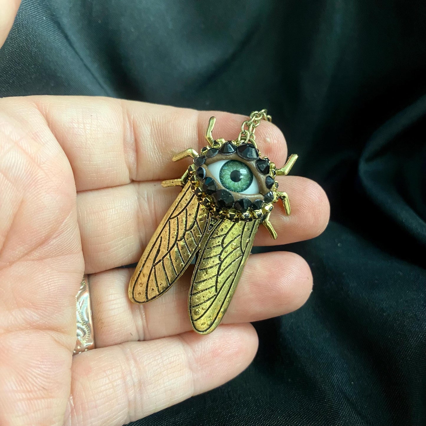 Antiqued Gold Cicada Pendant Necklace, Green Eye Rhinestone Jewelry