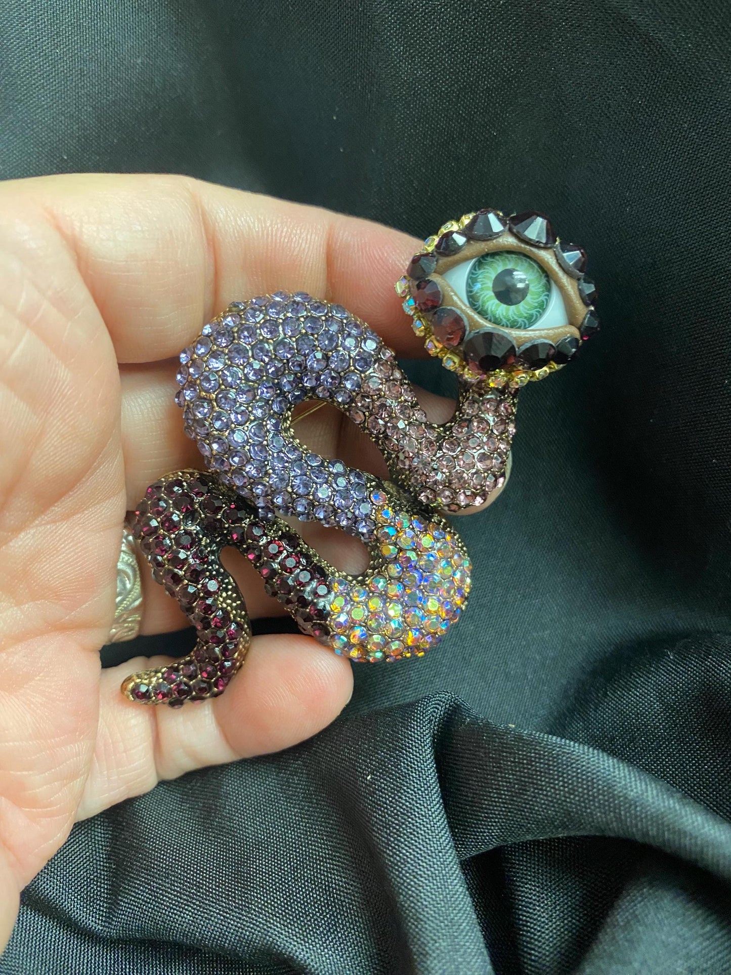 Purple Rhinestone Snake Brooch with Realistic Eye – Gothic Assemblage Wearable Art
