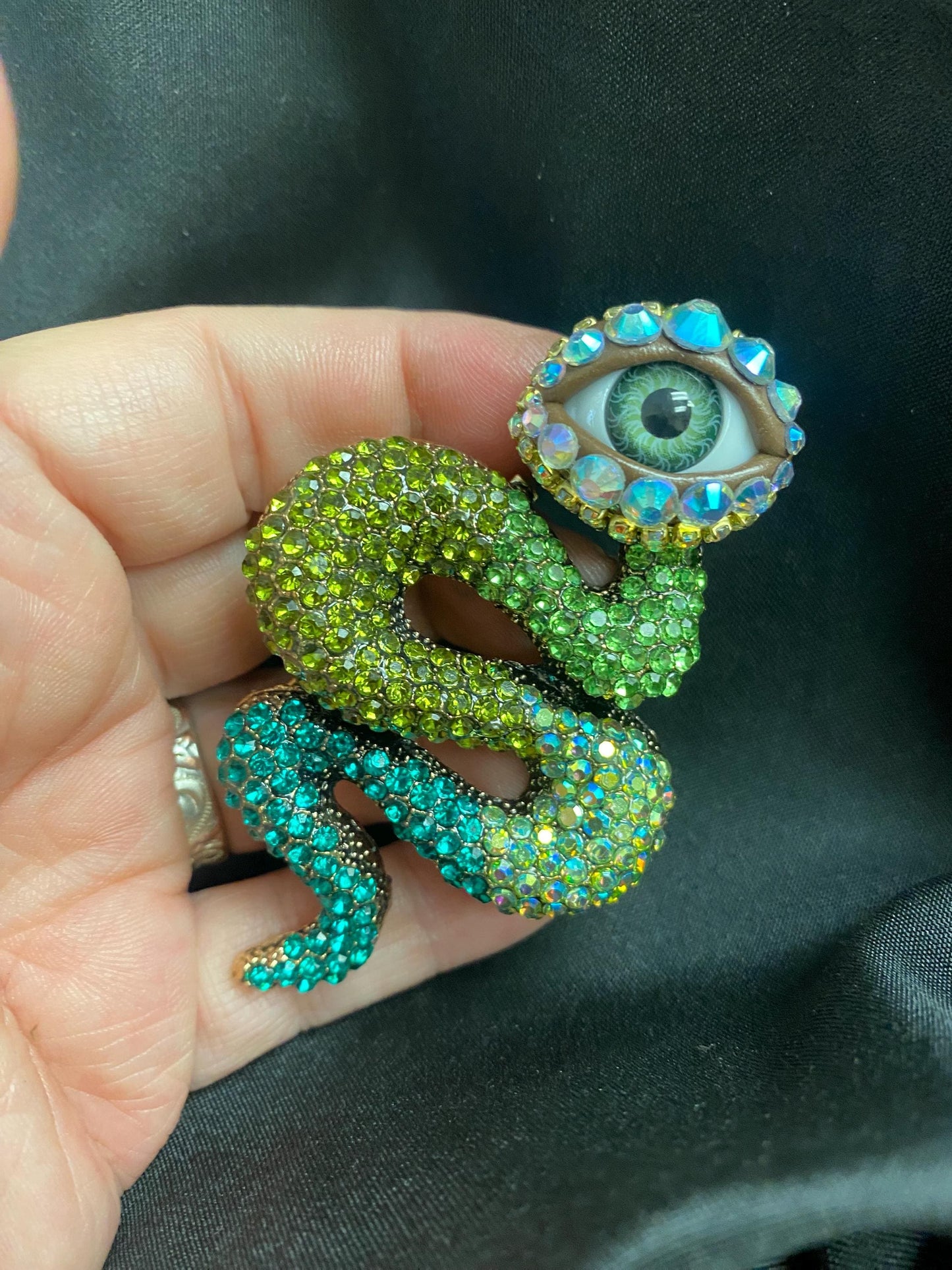 Green Rhinestone Snake Brooch – Realistic Eye, Gothic Assemblage Wearable Art (OOAK)