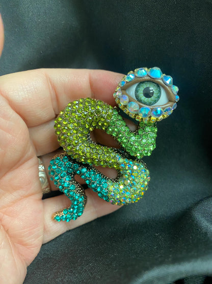 Green Rhinestone Snake Brooch – Realistic Eye, Gothic Assemblage Wearable Art (OOAK)