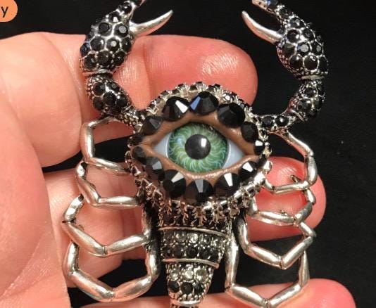 Silver and Bejeweled SCORPION Eyeball Art Brooch with a Natural Green Eye and HINGED Moving Tail!