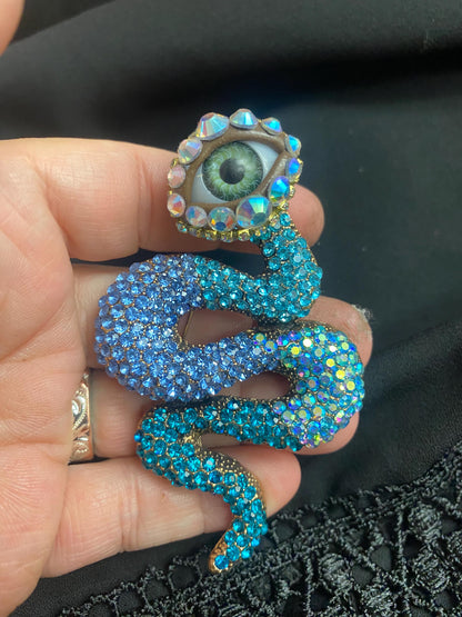 Blue Rhinestone Snake Brooch – Realistic Eye, Surreal Assemblage Jewelry 3.5” long
