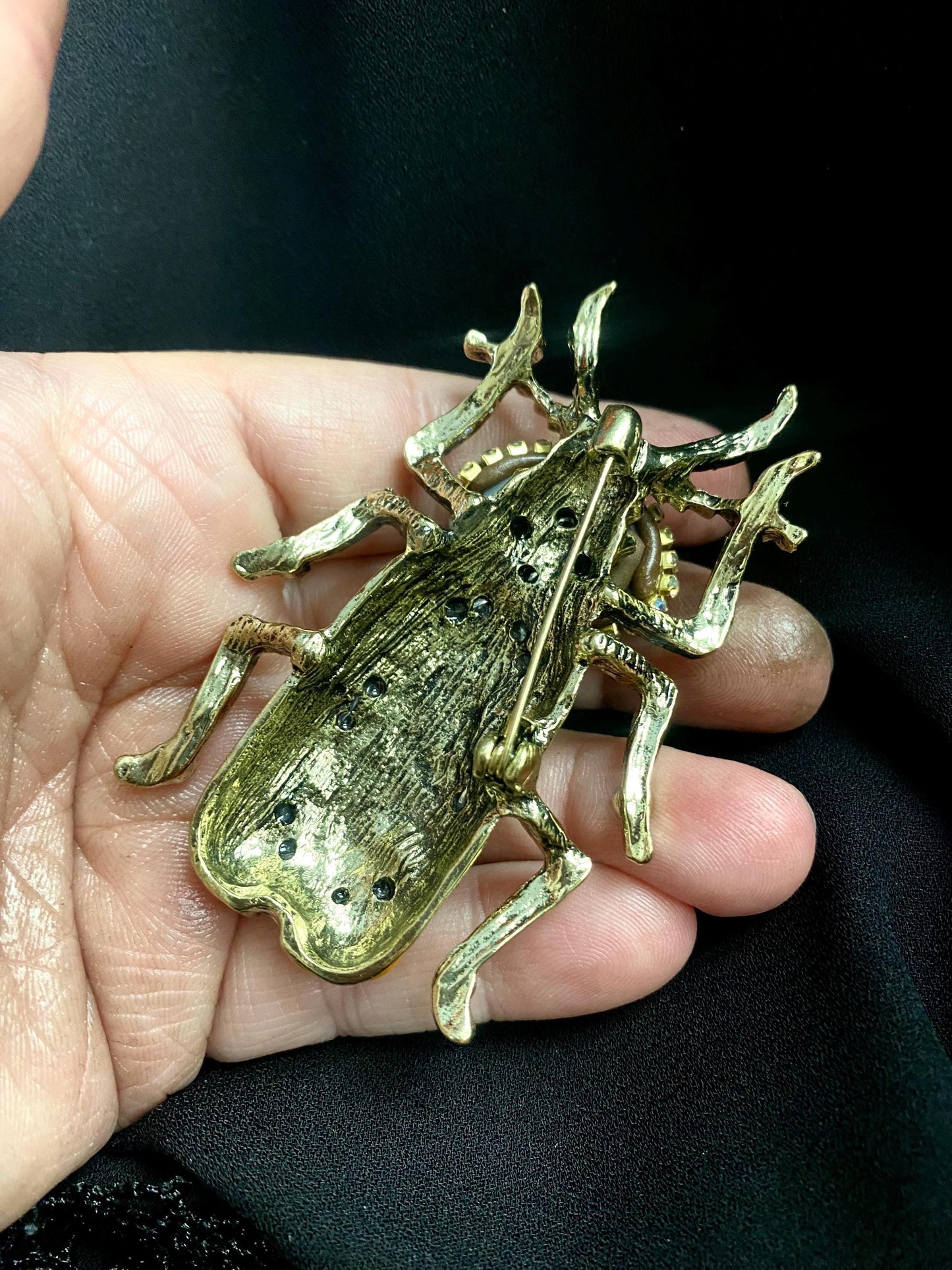 Giant Enameled Beetle Brooch, Rhinestone Eyeball Art Pin (3”x2”