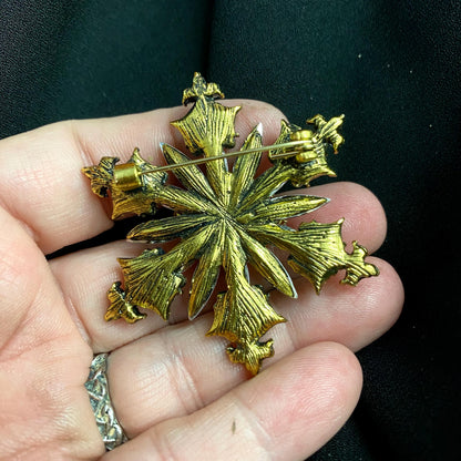 Special Limited Christmas Poinsettia Snowflake Eye Art Brooch! Hand Placed Rhinestones!