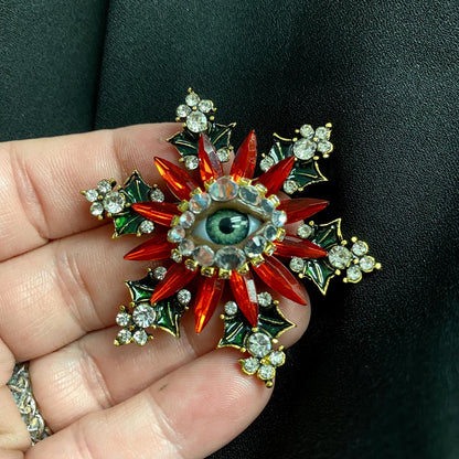 Special Limited Christmas Poinsettia Snowflake Eye Art Brooch! Hand Placed Rhinestones!