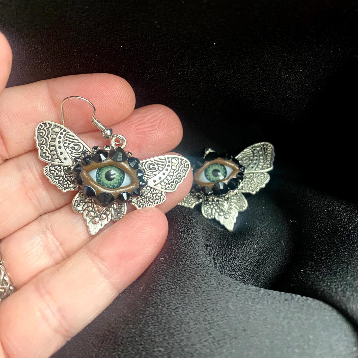 Gothic Silver Tone Moth Eye Art Earrings - Hand Placed Black Rhinestones!