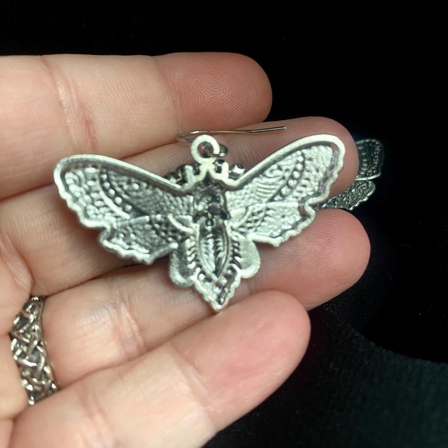 Gothic Silver Tone Moth Eye Art Earrings - Hand Placed Black Rhinestones!