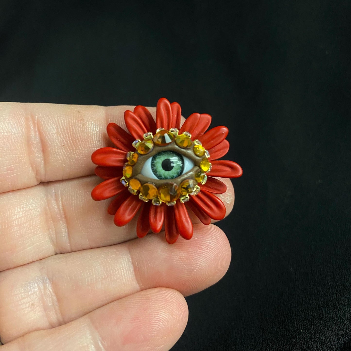 Spring Statement  Red Orange Flower Eye Art Jewelry Brooch Pin! Painted Metal!