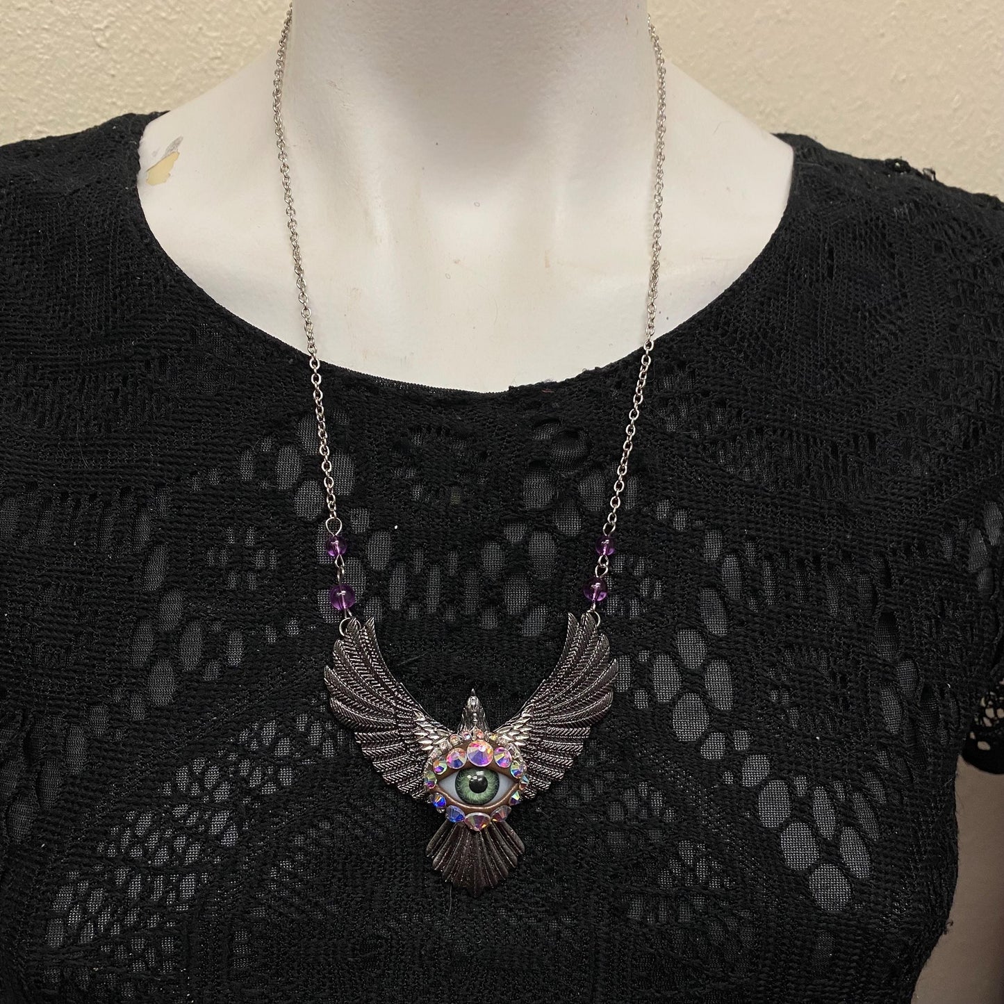 Silver Tone Bird Eye Necklace with Purple Accents, 20-22" Chain
