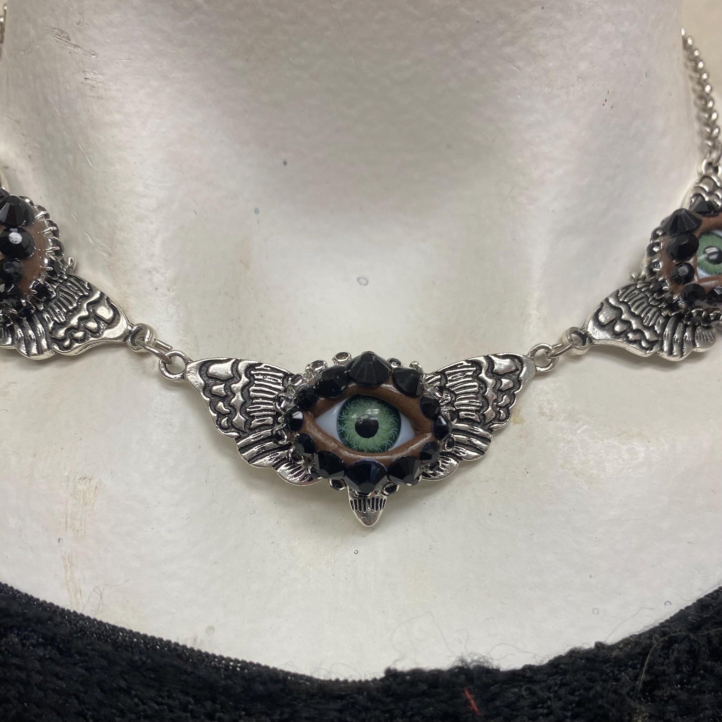Gothic Moth Choker with Eyes and Rhinestones – Silver Tone Necklace