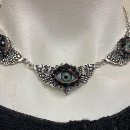 Gothic Moth Choker with Eyes and Rhinestones – Silver Tone Necklace