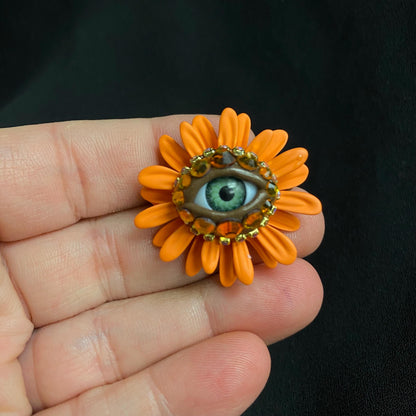 Spring Statement Orange Flower Eye Art Jewelry Brooch Pin! Painted Metal!