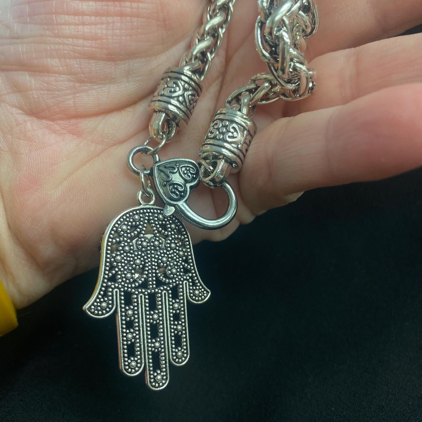 Silver Tone Hamsa Hand Evil Eye Bracelet with Large Chain Clasp