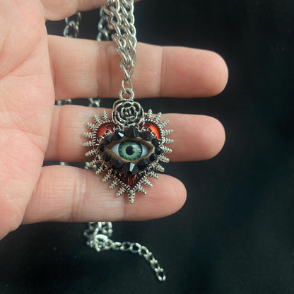 Spikey Heart with Rose Silver Tone Eye Art Gothic Pendant Necklace! Hand Placed Rhinestones!