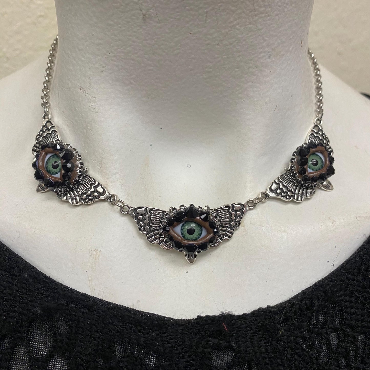Gothic Moth Choker with Eyes and Rhinestones – Silver Tone Necklace