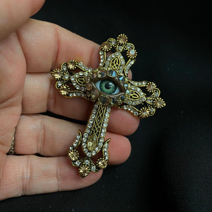 Ornate Vintage Style Rhinestone Eyeball Art Cross Brooch Pin. Golden Tone Hand Placed Rhinestones!