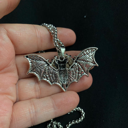 Gothic Silver Tone Bat Eye Eyeball Art Necklace! Hand Placed Rhinestones!