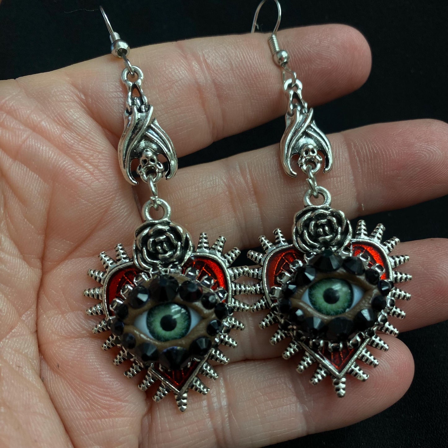Gothic Silver Tone Spikey Heart Eye Earrings with Bat Accent! Hand Placed Rhinestones!