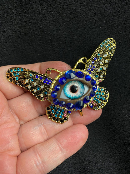 Surreal Evil Eye Butterfly Brooch | Blue Glass Eye Pin