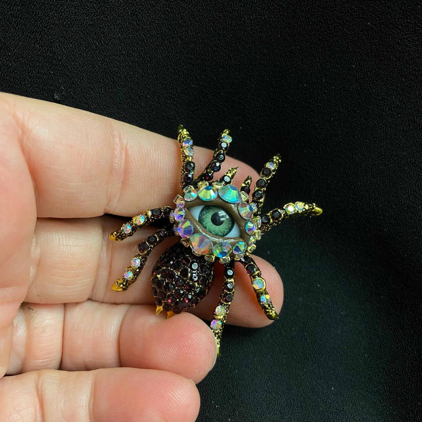 Deep Purple Bejeweled Spider Eye Brooch, Surreal Rhinestone Pin Jewelry