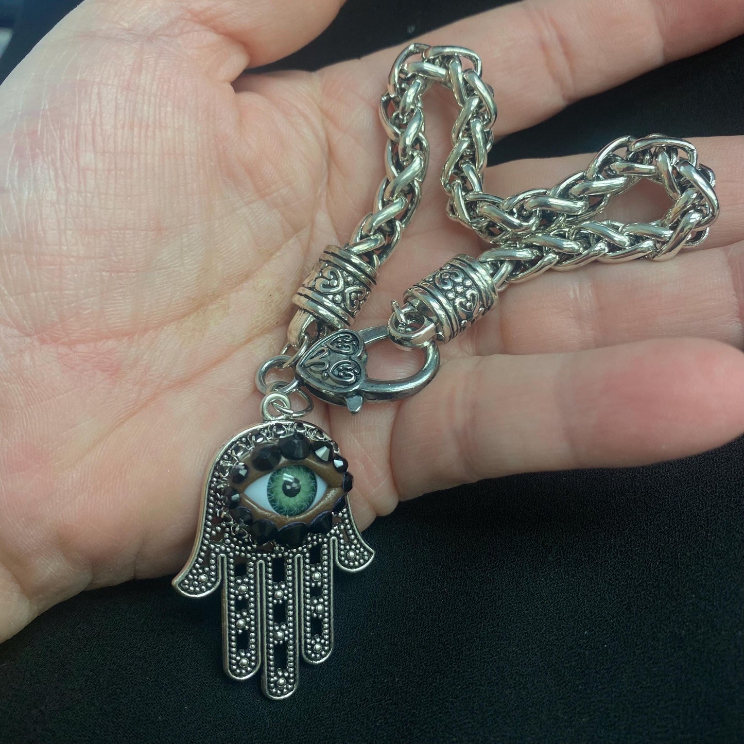 Silver Tone Hamsa Hand Evil Eye Bracelet with Large Chain Clasp