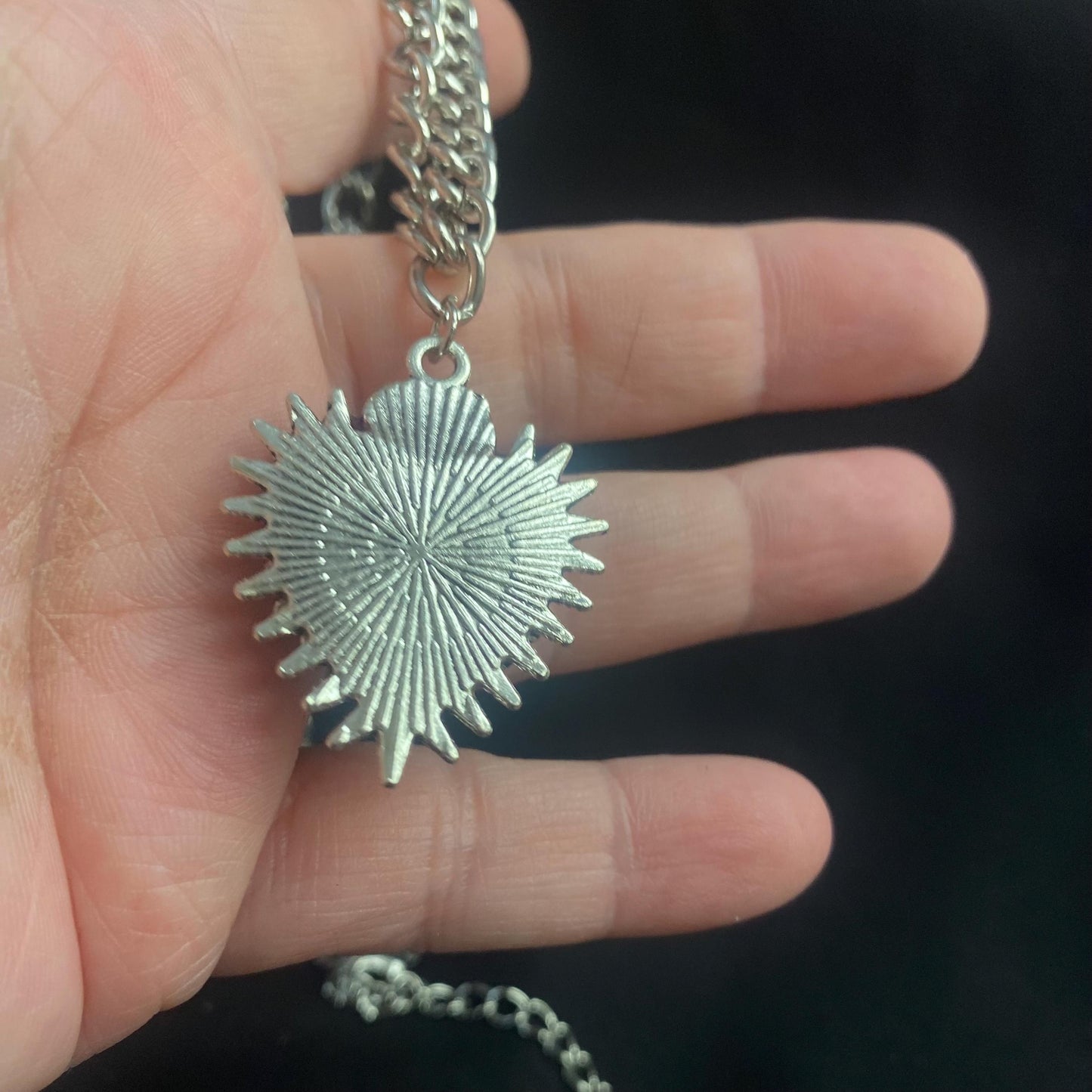 Spikey Heart with Rose Silver Tone Eye Art Gothic Pendant Necklace! Hand Placed Rhinestones!
