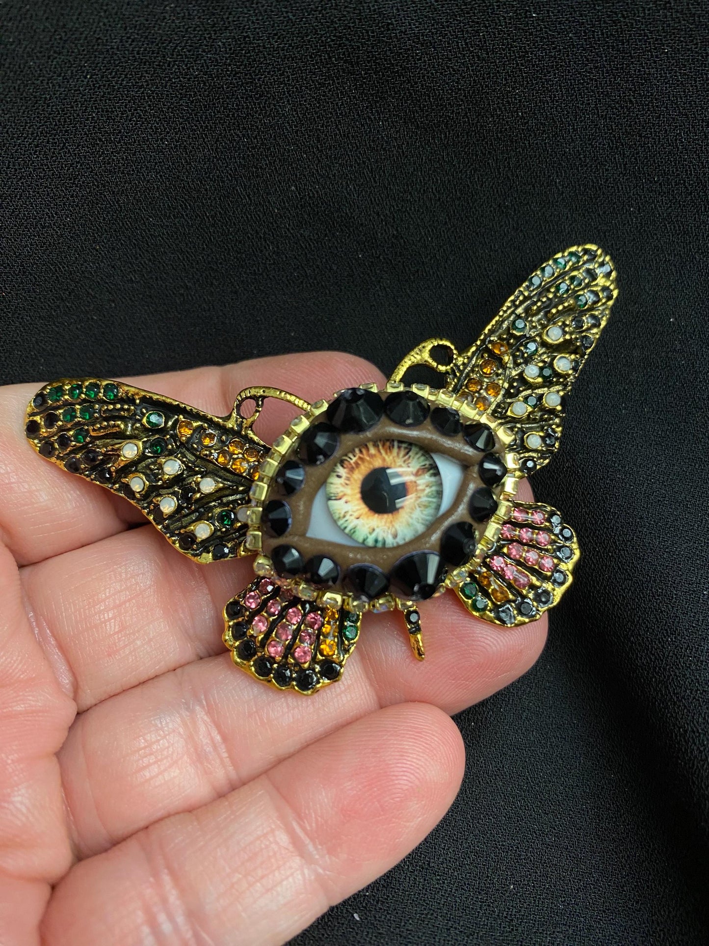 Surreal Evil Eye Butterfly Brooch | Green Glass Eye Pin