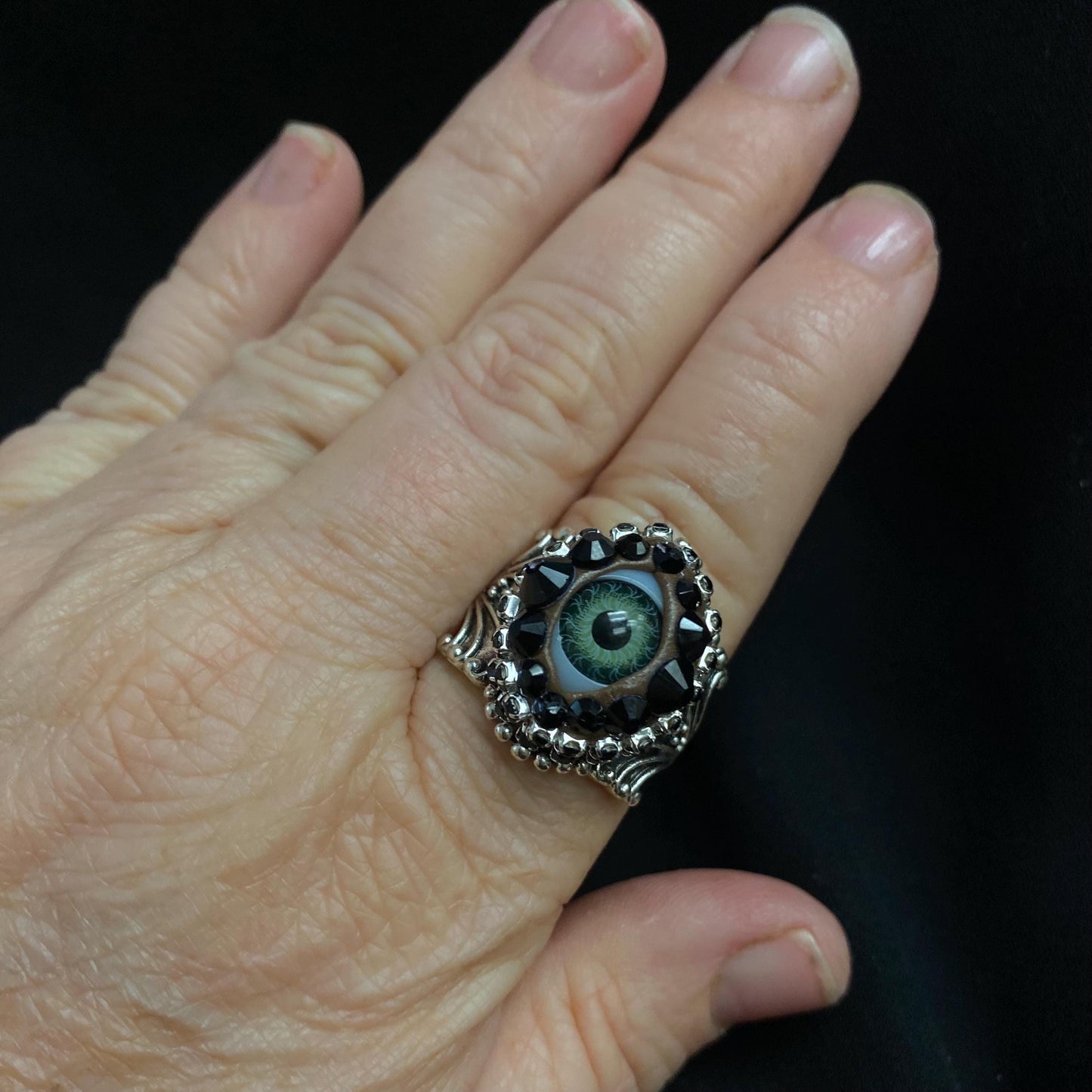 Large Silver Tone Eyeball Ring with Green Eye and Rhinestones (Size 9)