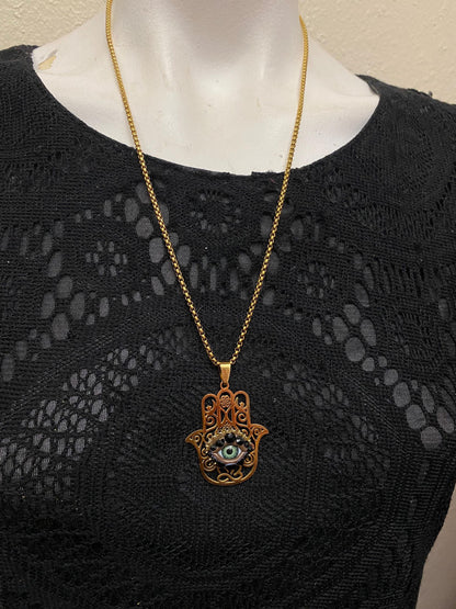 Large Golden Hamsa Hand Eyeball Art Pendant Necklace! Evil Eye Jewelry!