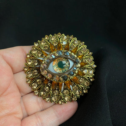 Ornate Vintage Style Eye Brooch: Golden Champagne Amber Rhinestones, Handmade Glass Iris