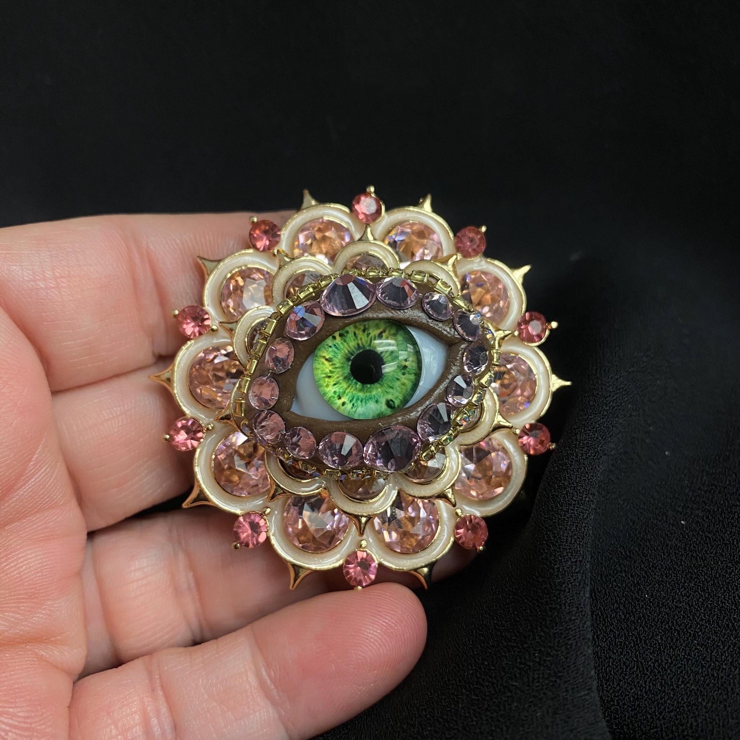 Pretty Little Pinks Ornate Vintage Style Eyeball Art Brooch with a Handmade Green Glass Iris!