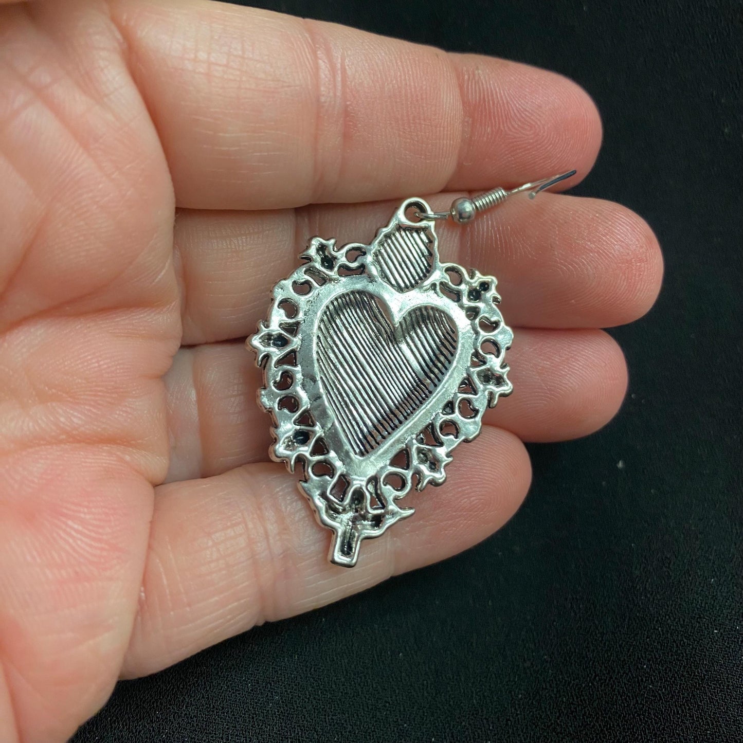Silver Tone Sacred Heart Eyeball Earrings with Skull Accents