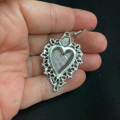 Silver Tone Sacred Heart Eyeball Earrings with Skull Accents