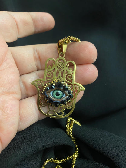 Large Golden Hamsa Hand Eyeball Art Pendant Necklace! Evil Eye Jewelry!