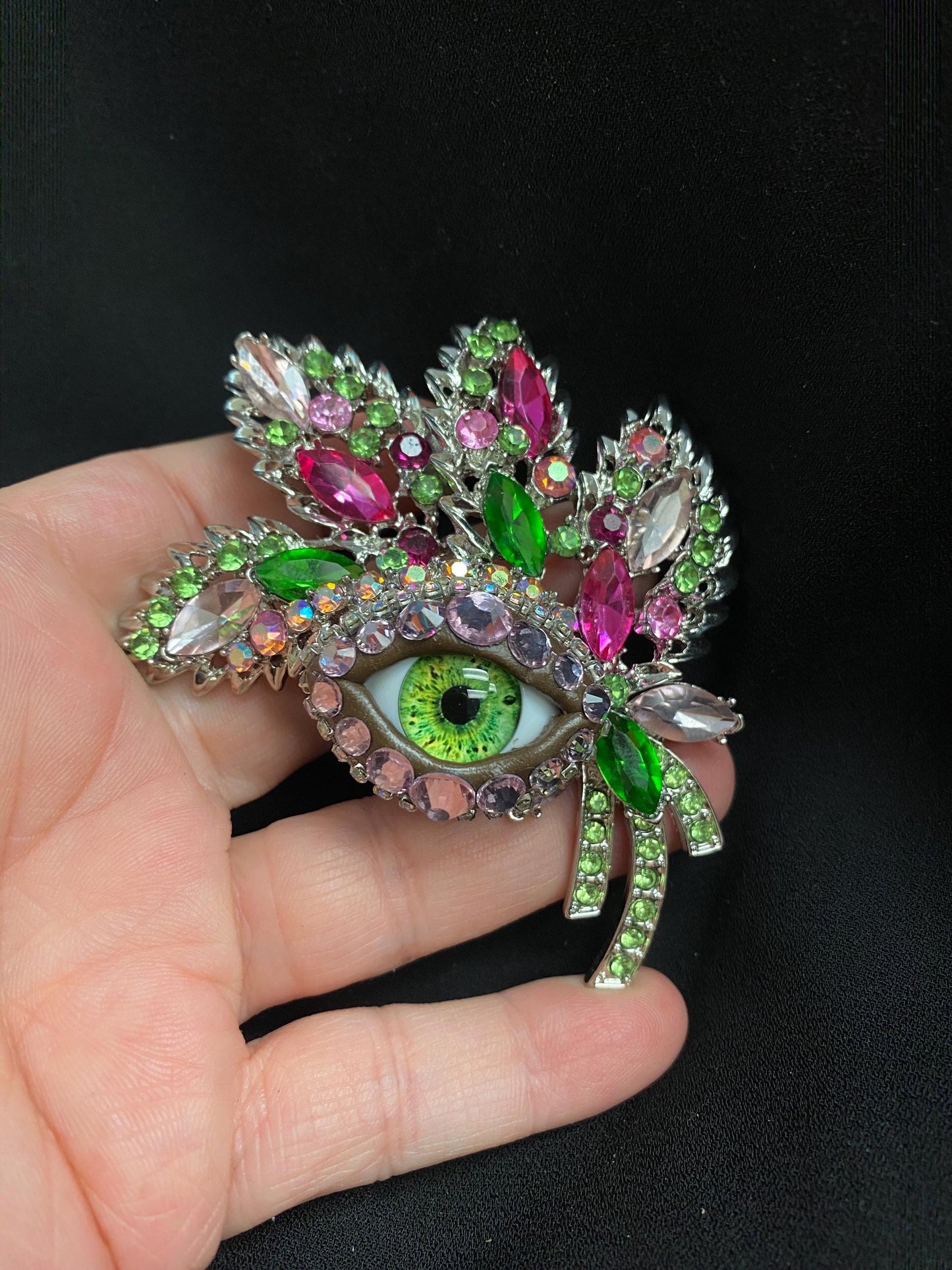 Floral Bough Eyeball Brooch with Green Glass Iris – Pink Spring Statement Jewelry