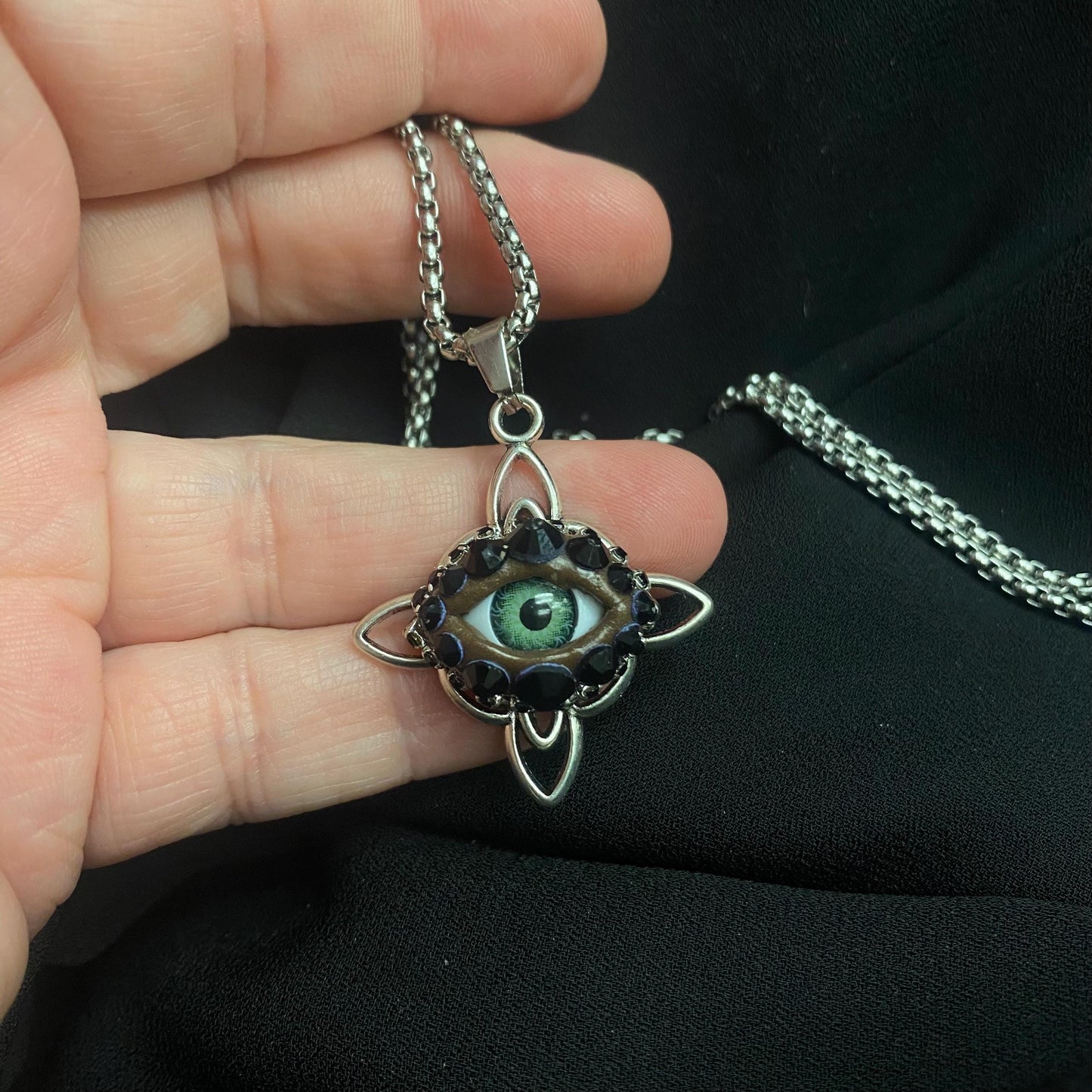 Celtic Eye Silver Tone Eyeball Art Pendant Necklace! Hand Placed Rhinestones!