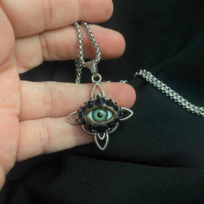 Celtic Eye Silver Tone Eyeball Art Pendant Necklace! Hand Placed Rhinestones!