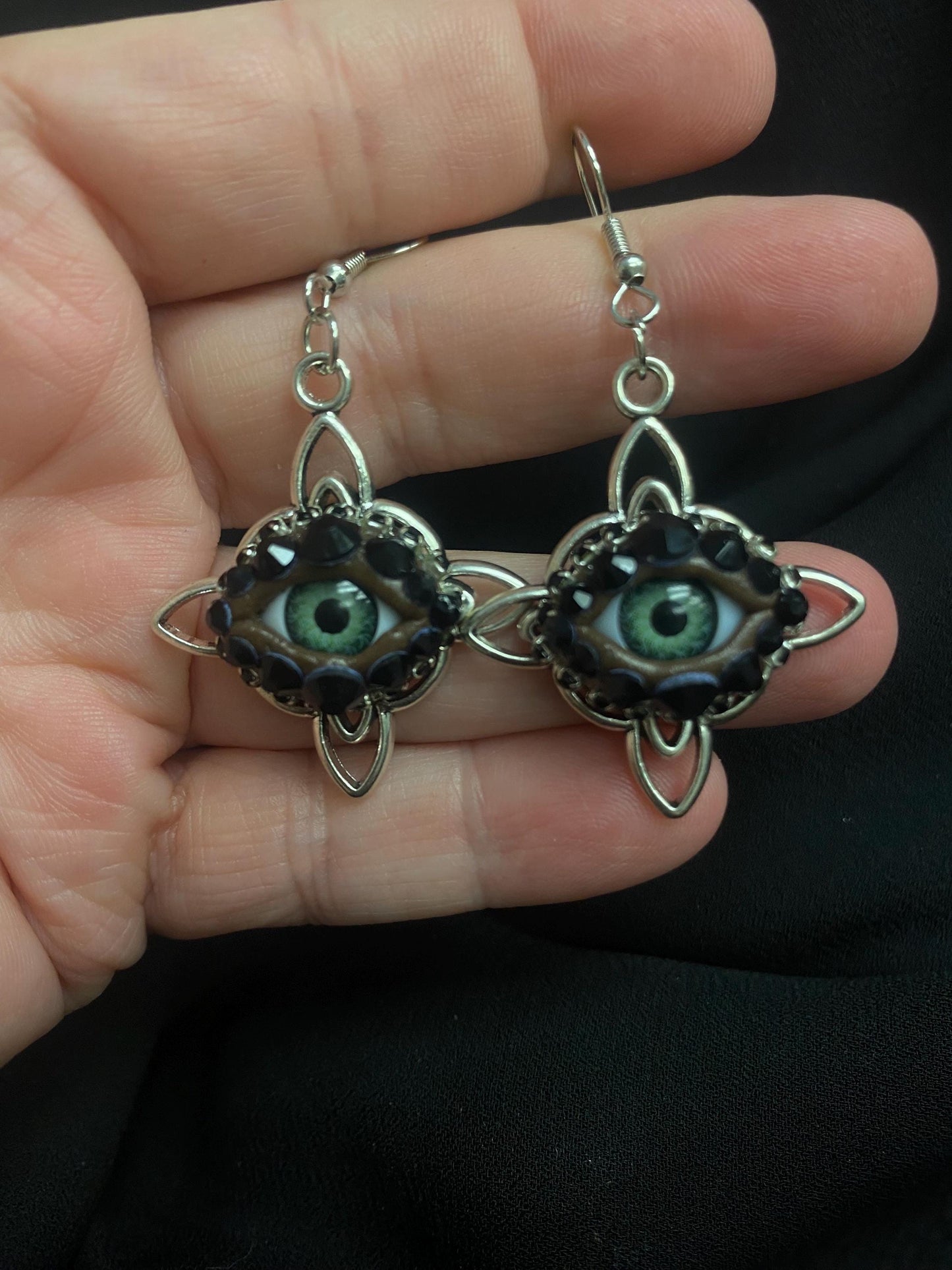 Celtic Eye Silver Tone Eyeball Art Dangle Earrings! 3-D with Hand Placed Rhinestones!