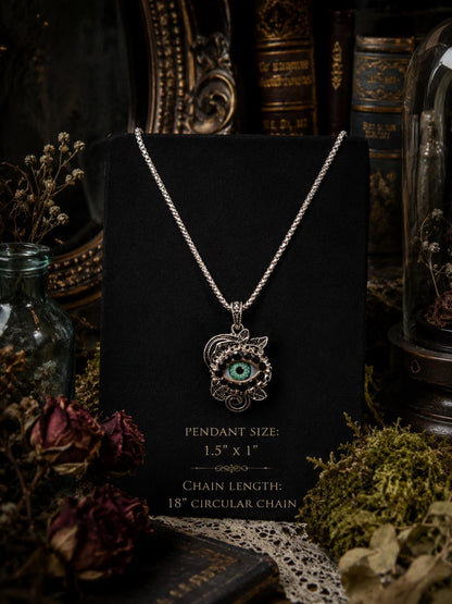 Antiqued Silver Tone Rose Eyeball Art Necklace, Green Eye Rhinestone Pendant