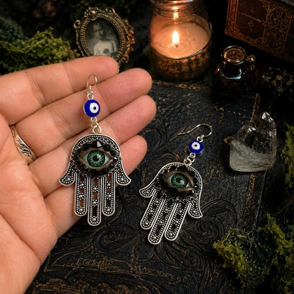 Hamsa Hand Silver Tone Earrings, Green Eye & Rhinestone Boho Jewelry