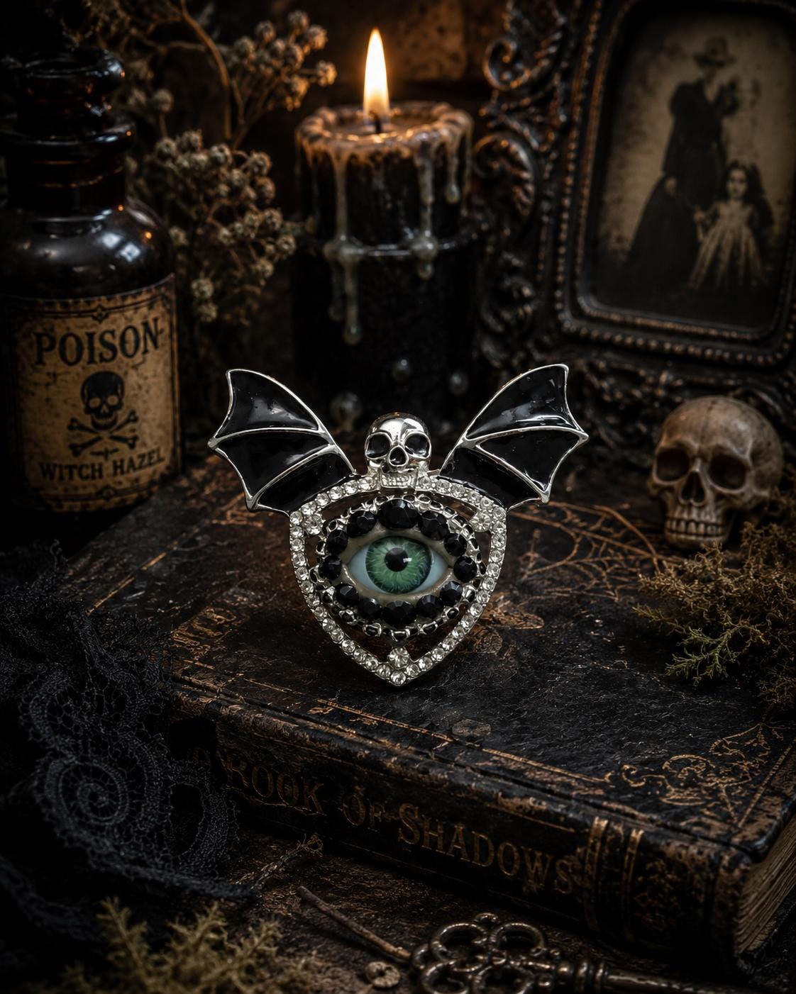 Gothic Skull with Batwings Eyeball Art Brooch - Eye Jewelry Pin - Goth Fashion! Unique!