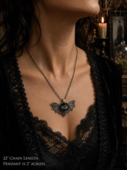 Gothic Silver Tone Bat Eye Eyeball Art Necklace! Hand Placed Rhinestones!