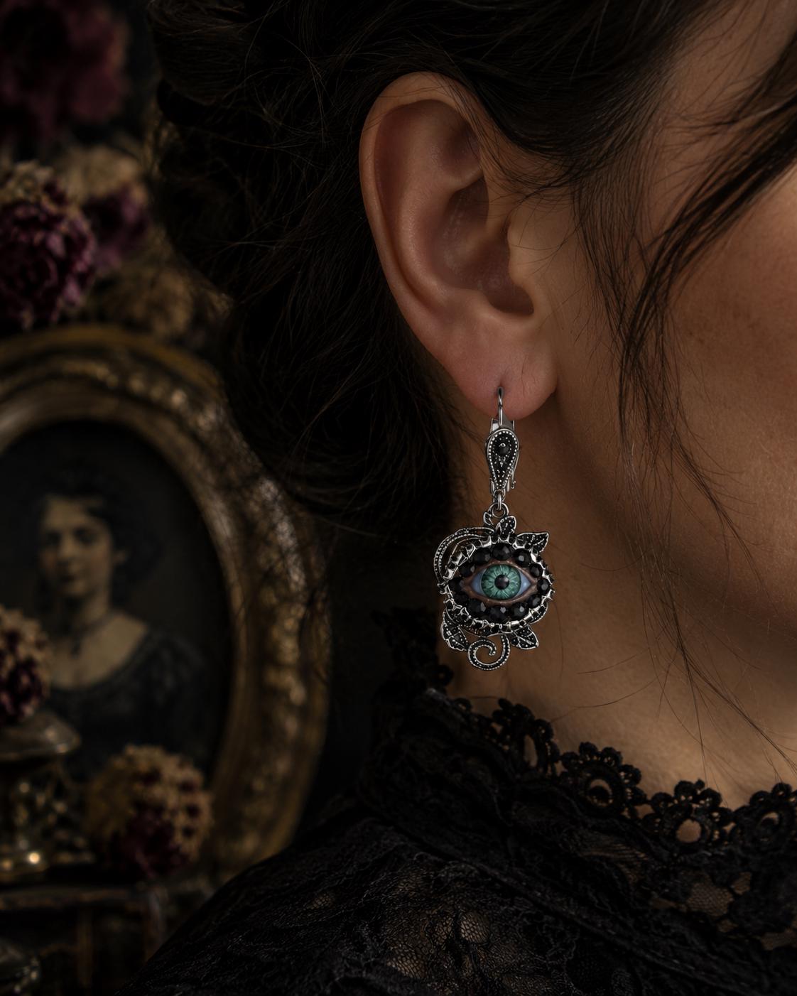 Antiqued Silver Rose - Eyeball Art Earrings with Natural Green Irises and Hand Placed Rhinestones!
